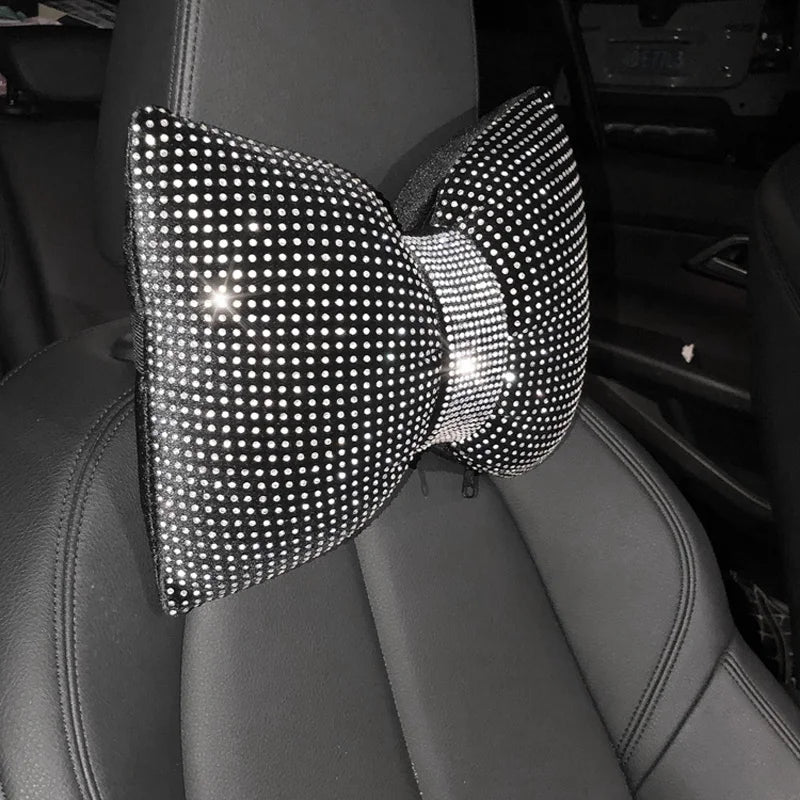 Diamond Crystal Bowknot Car Neck Pillow, Stylish Auto Support